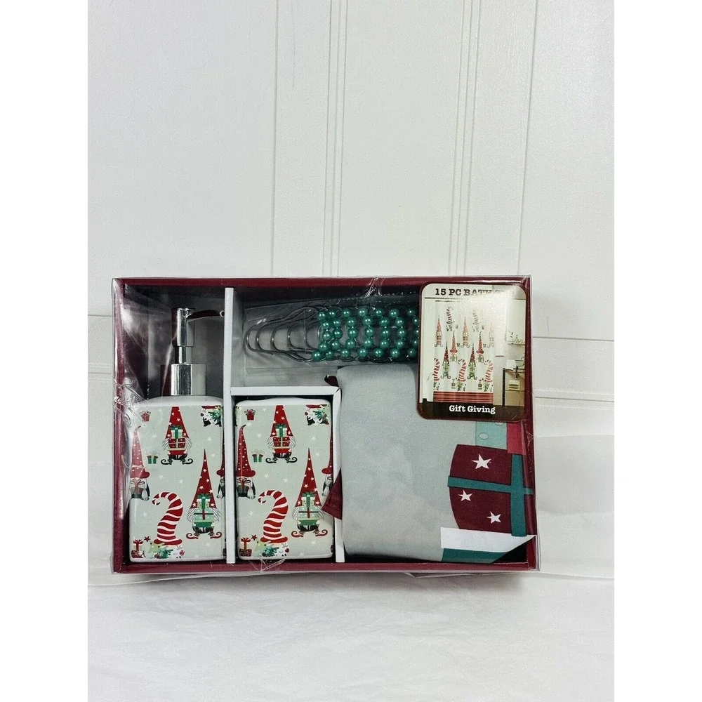 Holiday Home 15pc Bath Set Christmas Gnomes‎ Christmas Bathroom Decor